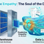 A side-by-side comparison of a structured Data Warehouse archive and a fluid Data Lake ecosystem, featuring a digital face symbolizing Predictive Empathy - MDMCO Blog